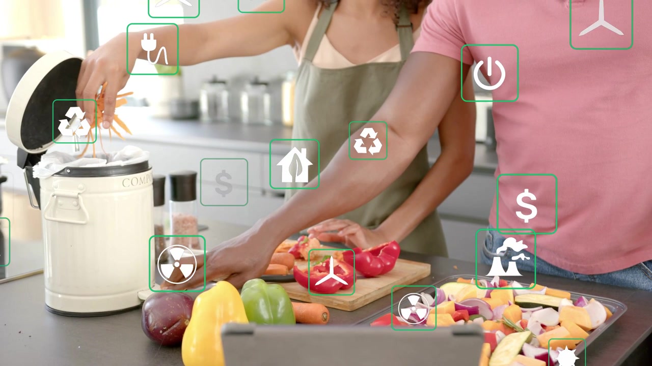 Pareja colocando tabla y verduras, preparando una comida, tirando cáscaras al compost mientras iconos verdes flotan.