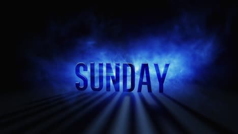 domingo, día de la semana, texto 3d con un destello de luz en el fondo que refleja un efecto de sombra. descanso, fin de semana, evento, día especial o concepto de calendario. humo azul y blanco o niebla y brillo en 4k.