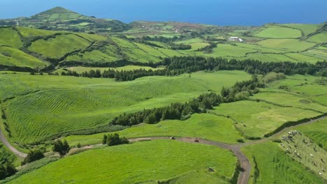 Lush-green-fields-and-rolling-hills-in-sete-cidades,-azores-on-a-sunny-day,-aerial-view