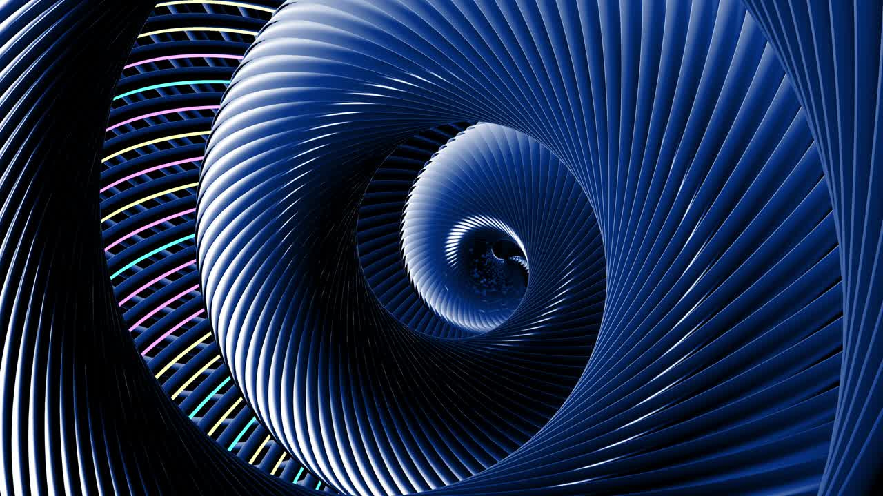 4k fondo oscuro con bucles abstractos con líneas curvas como tubos retorcidos en hélice y luz de neón multicolor que corre en tubos. composición redonda. bucle vj con luz de neon brillante. espiral abstracta