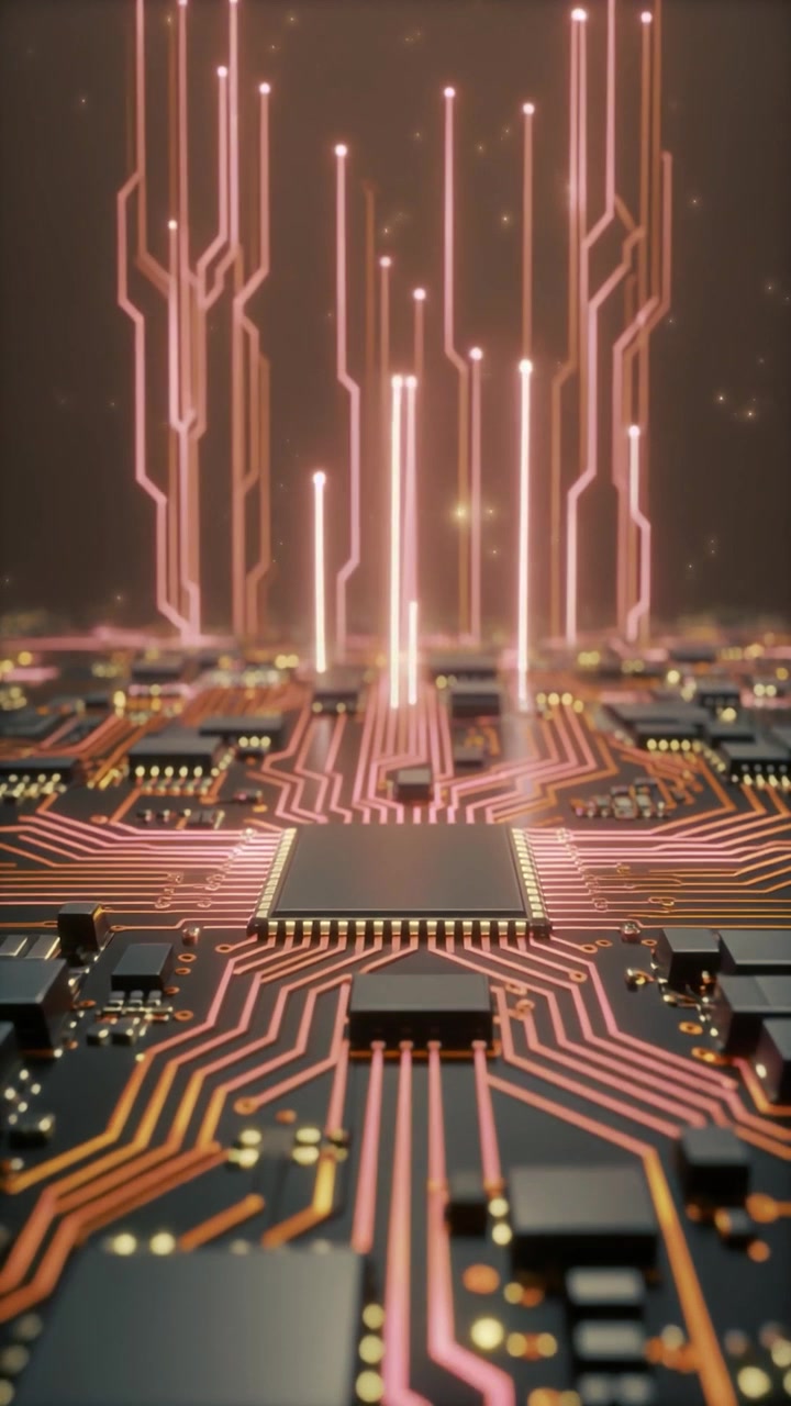 Digitalt printkort med glødende datastrømme og processor