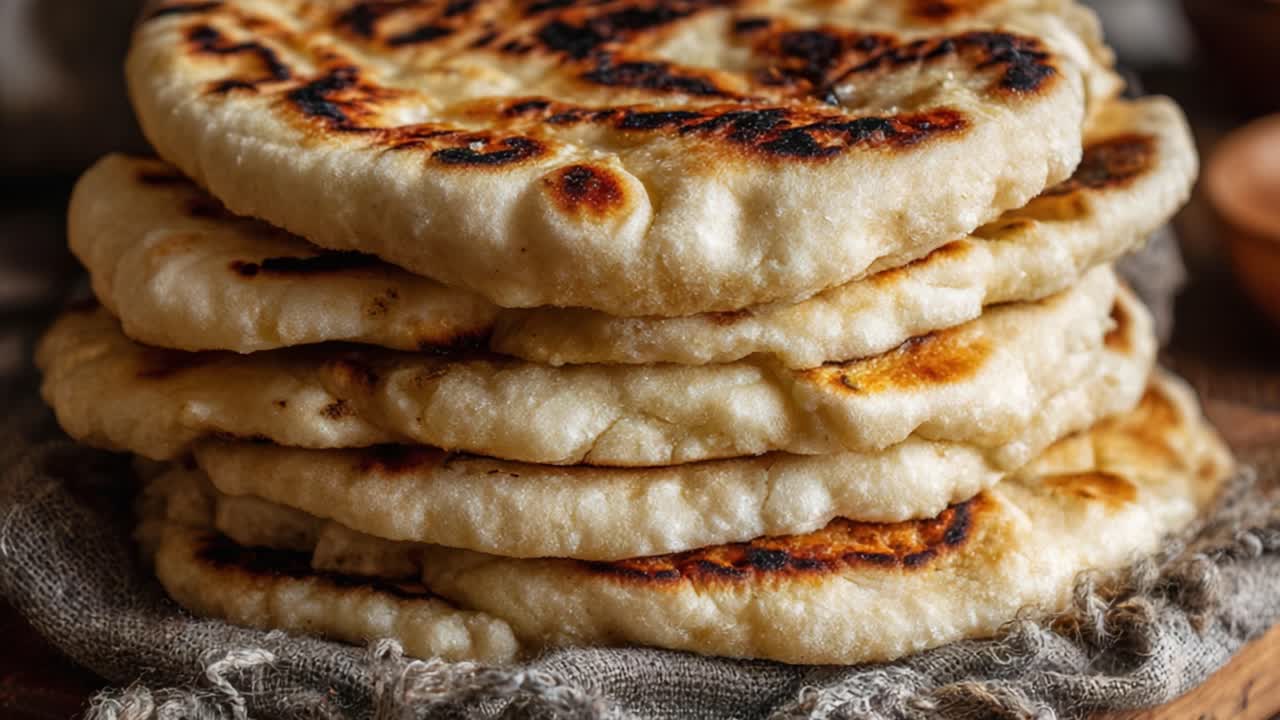 Kullanruskeat, päällekkäin pinotut pitaleivät rustiikkisella kankaalla, herkullisen paahteinen pinta valmiina nautittavaksi