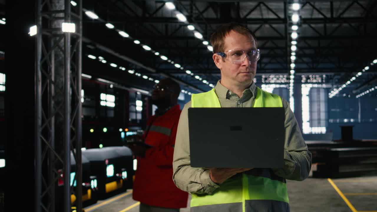 Male engineer supervises workshop fabrication equipment and checking laptop