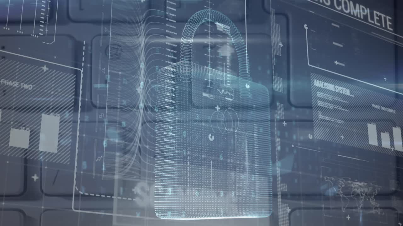 animación del procesamiento de datos, el candado de seguridad en línea y la placa de circuitos