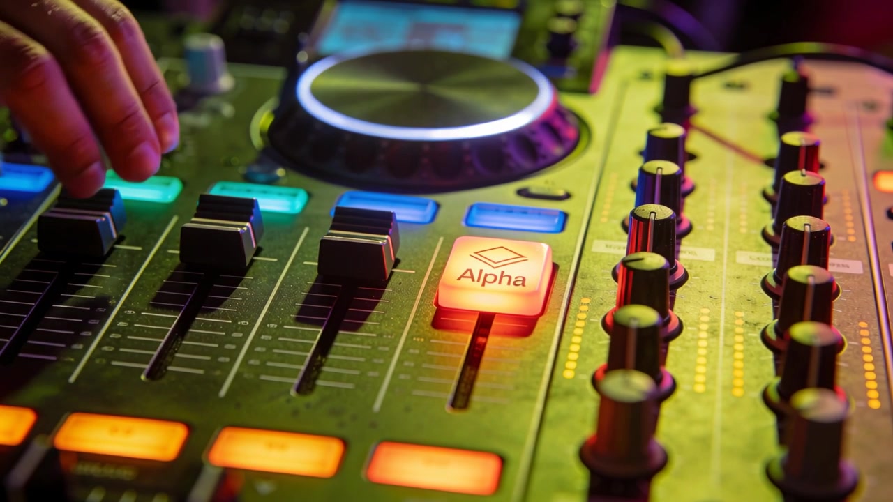 Pressing DJ operator's fingertip activating Alpha pad at DJ booth, adjusting faders for live mix