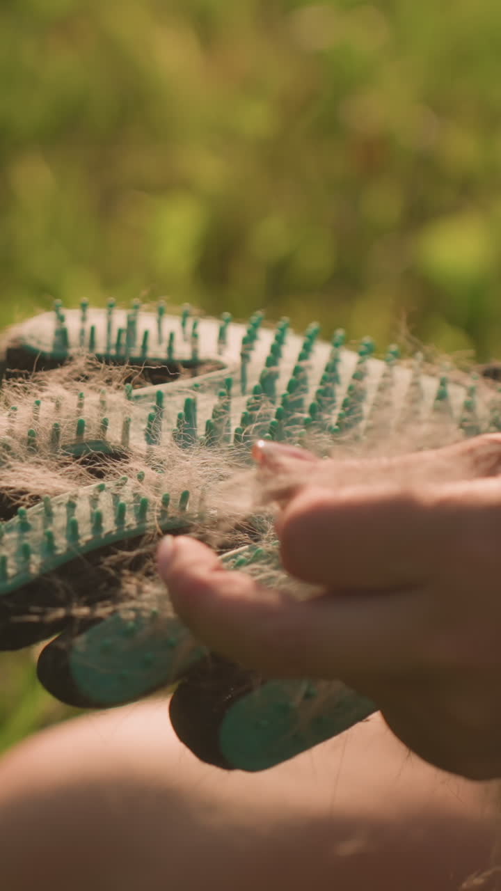 primer plano de la mano quitando el pelaje de perro recogido del guante de aseo, mostrando detalles de eliminación de pelaje con fondo borroso con vegetación bajo la cálida luz del sol en un campo de hierba