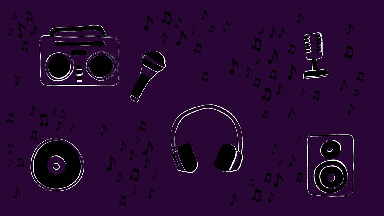Animazione in loop di attrezzatura musicale circondata da note musicali su sfondo viola