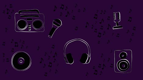 Loopable-animation-of-music-equipment-surrounded-by-musical-notes-on-a-purple-background