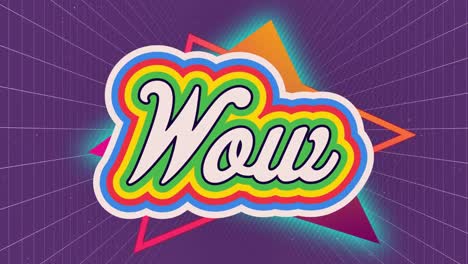 Animation-of-wow-text-with-rainbow-colours-and-multiple-abstract-shapes