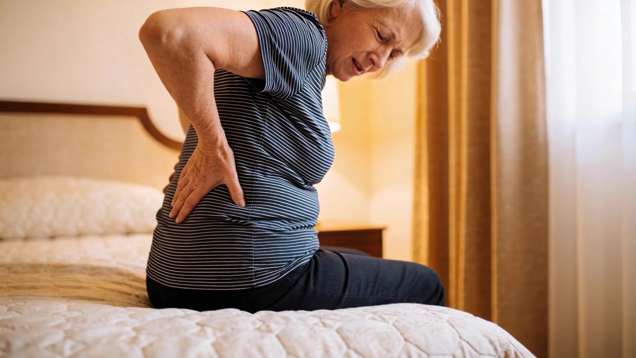 Feeling lower back pain, senior woman in striped shirt rubbing back on bedroom bed, seeking relief