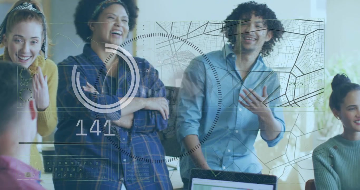 Animation of data processing over business people working in office
