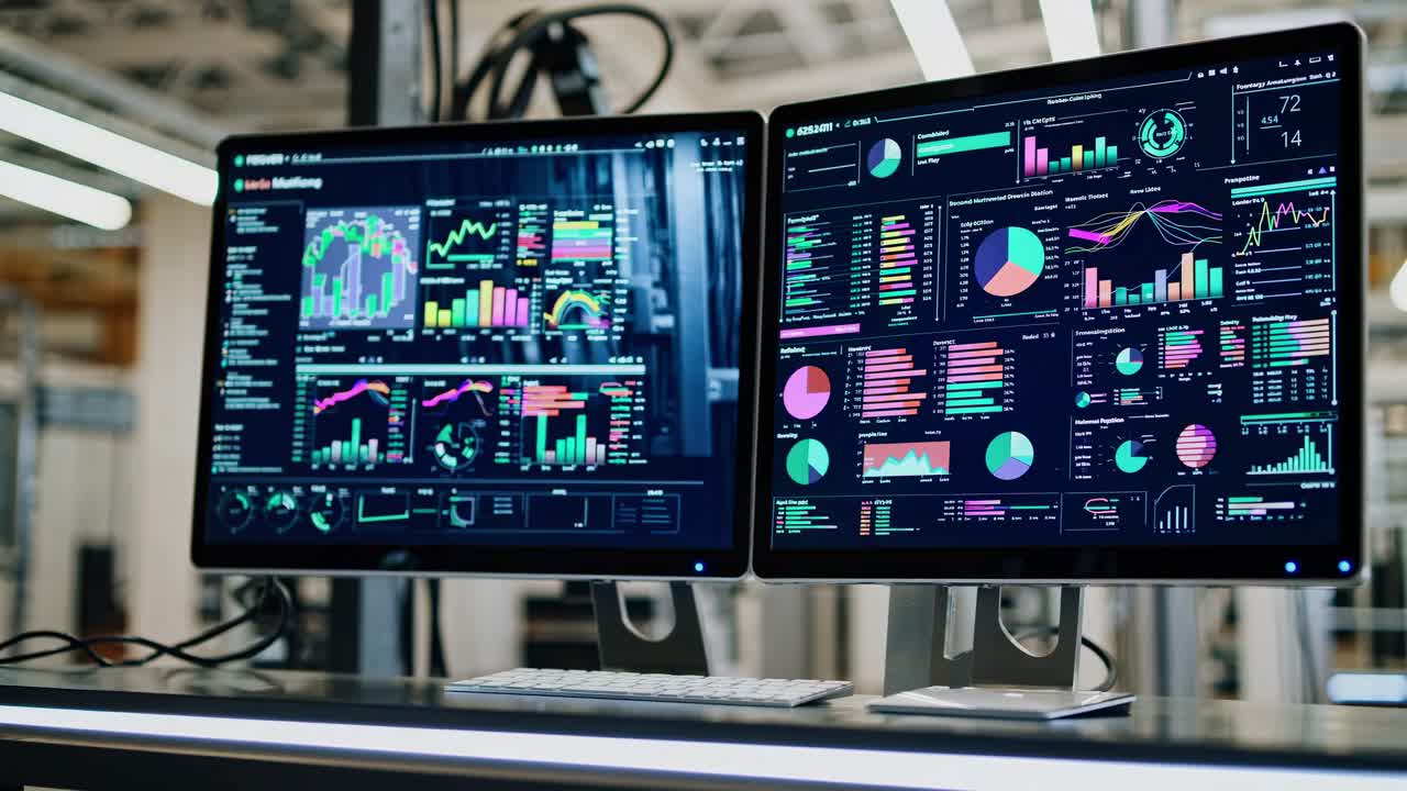 Two monitors display colorful data analytics in a tech workspace