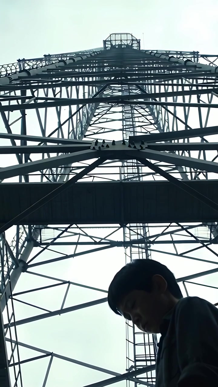 Vertical video: Camera filming child in dark shirt shifting beneath steel tower, looking at ground