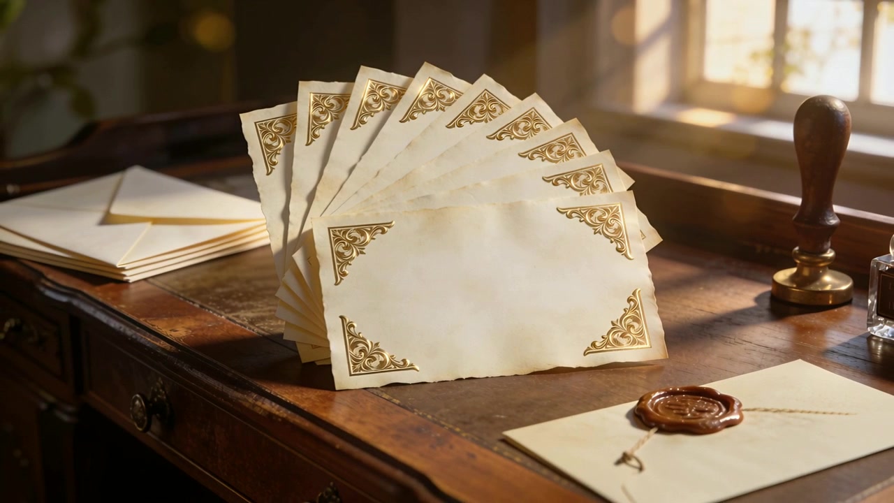Shifting camera revealing fanned stack of ornate cards on wooden desk, showing wax seal and inkwell
