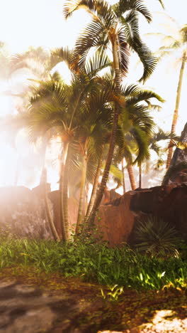 tropical paradise beach scene with palm trees and sunlight