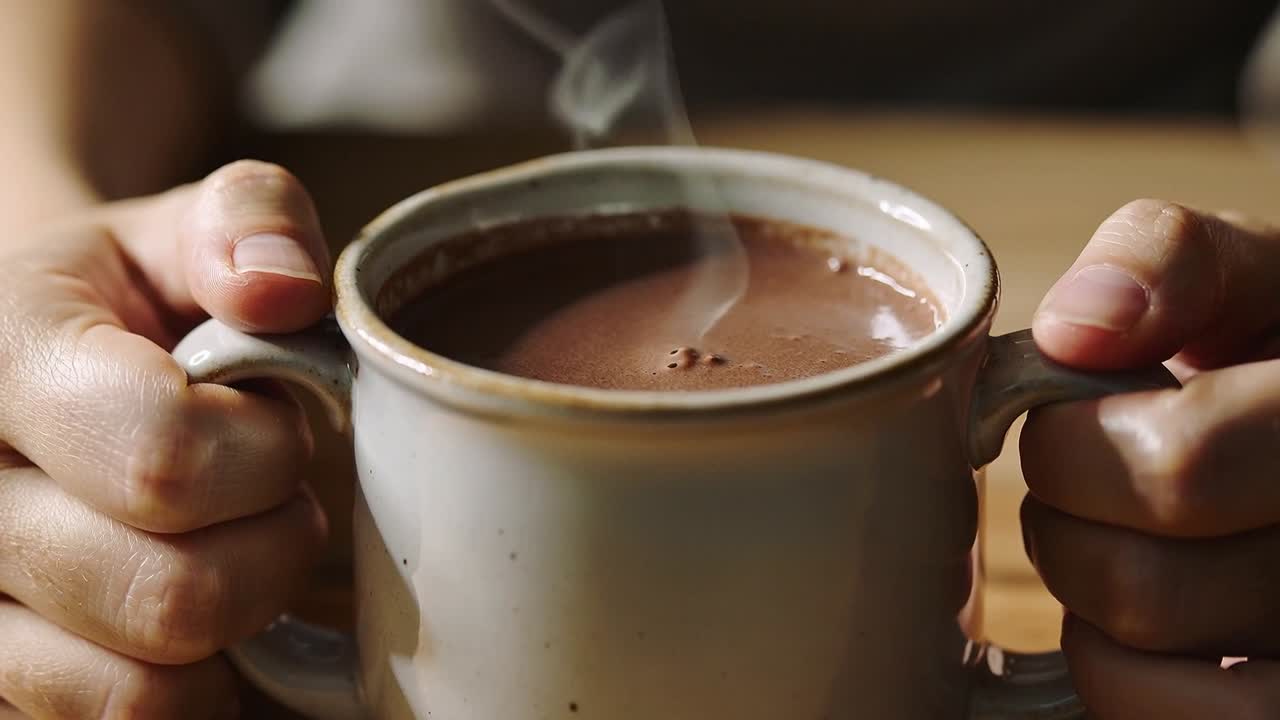 Steam rising causing hands gripping two-handled ceramic mug raising to chest at table to warm hands