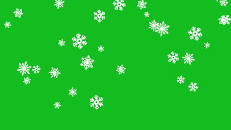 Weiße-Schneeflocken-Unterschiedlicher-Größe-Fallen-Langsam-Auf-Den-Grünen-Hintergrund