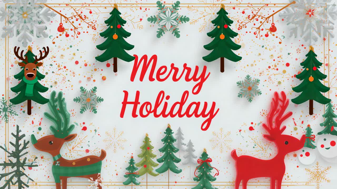 Red Merry Holiday script sitting on gold grid, with trees, reindeer, confetti, snowflakes