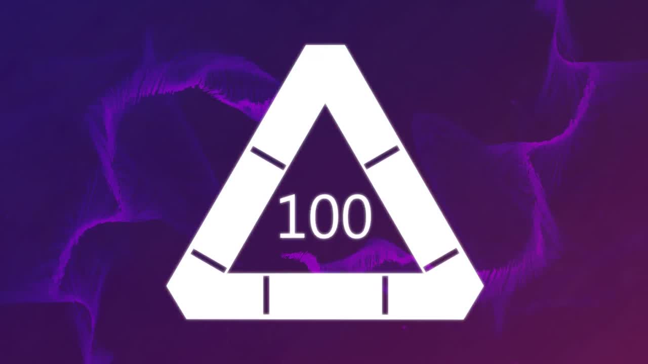Animation of numbers growing to one hundred in white triangle on purple light trails in background