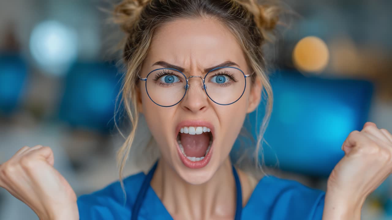 Intense Emotion: A Frustrated Medical Professional Expresses Anger and Determination in a Charged Moment of Passion within a Dynamic Healthcare Environment