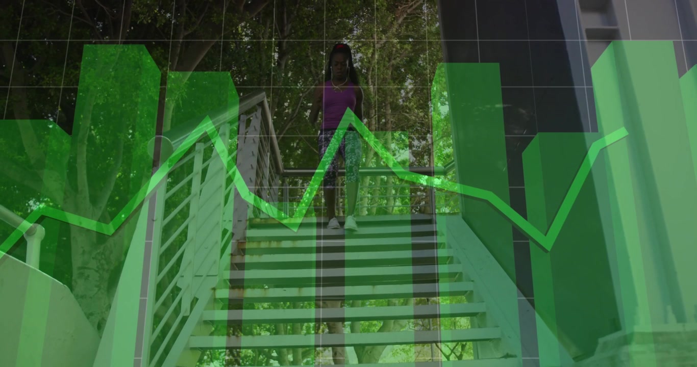 Young Woman Walking Down Outdoor Stairs with Digital Data Overlay