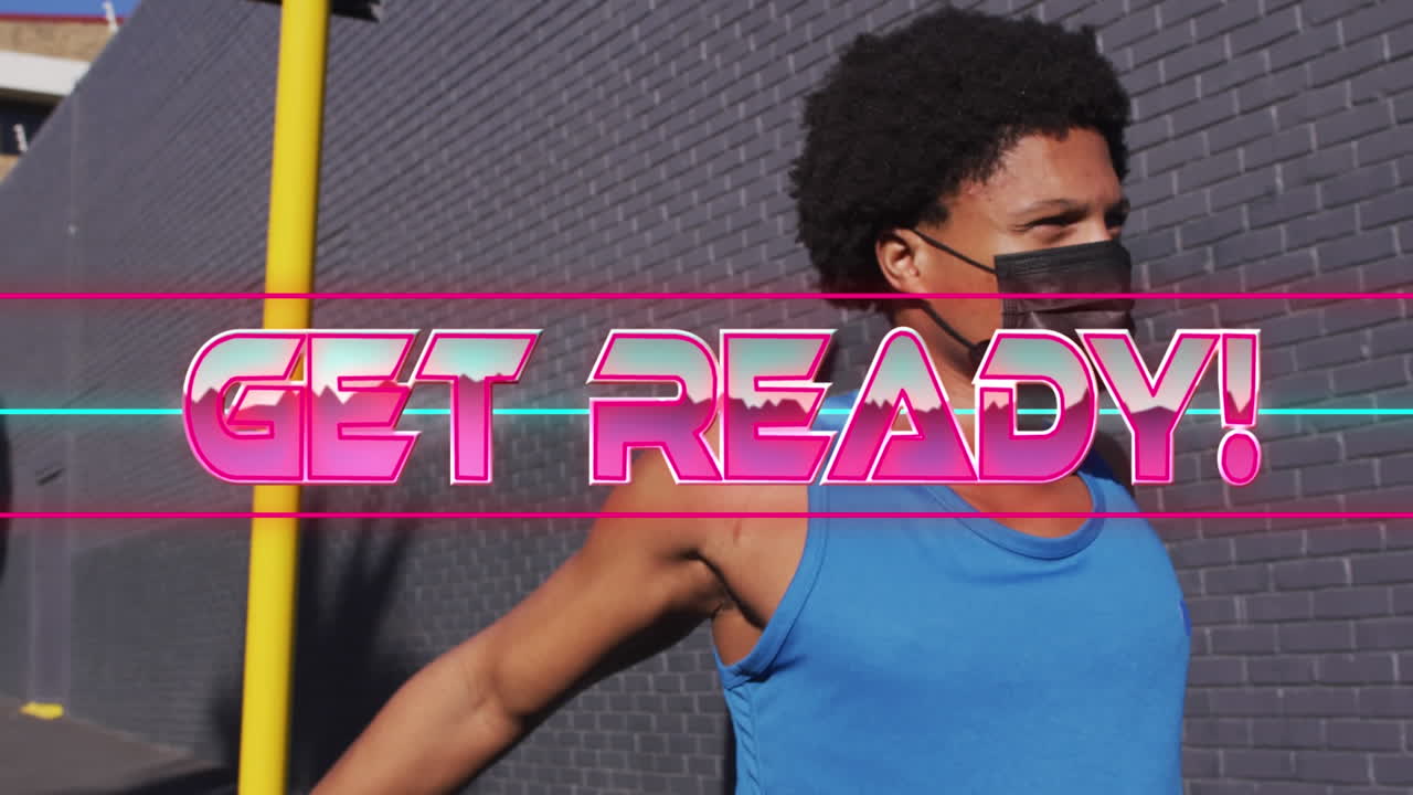 Animation of get ready text over biracial man stretching and wearing face mask