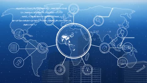 Animation-Eines-Netzwerks-Von-Verbindungen-Mit-Symbolen-Und-Globus-über-Dem-Stadtbild