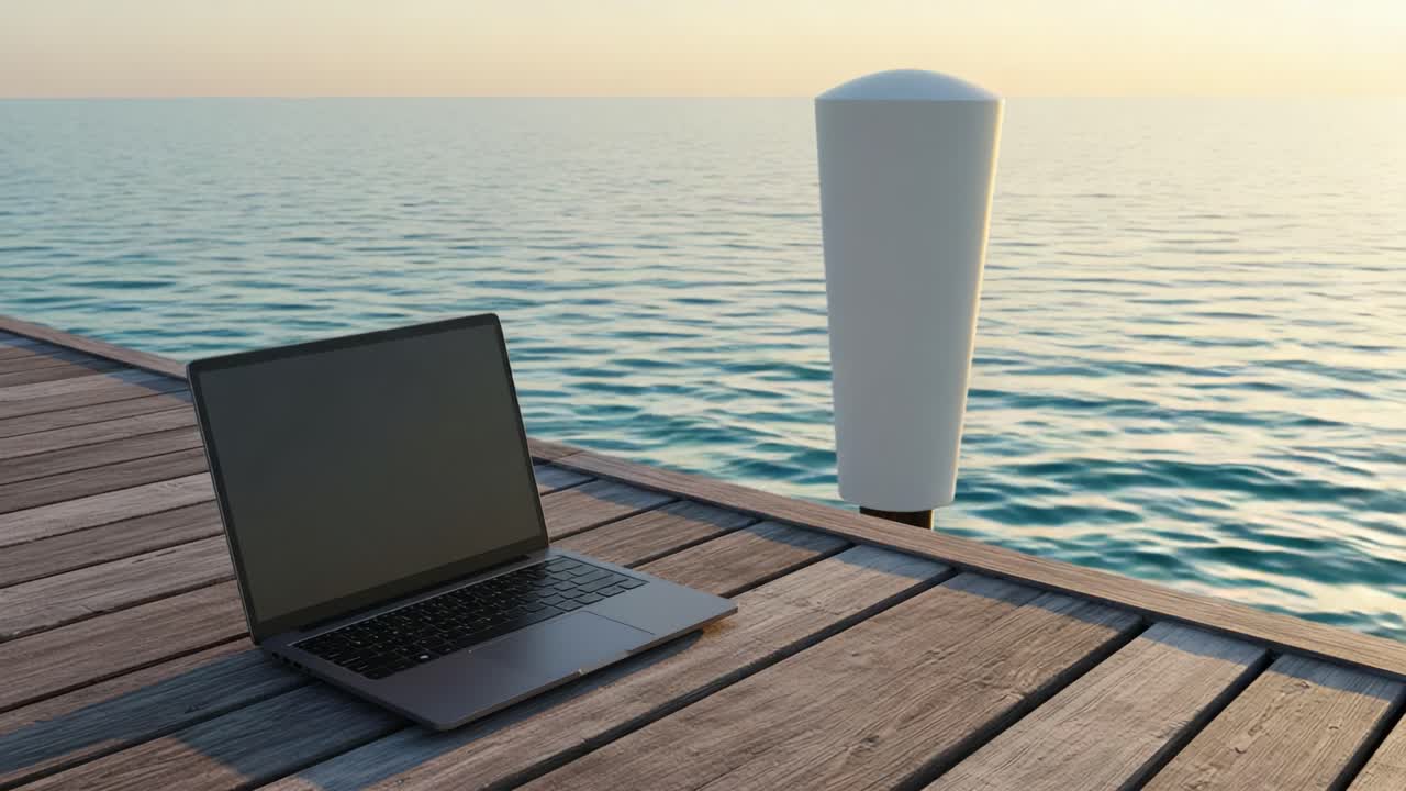 A Serene View of a Laptop Positioned on a Wooden Dock Overlooking a Tranquil Body of Water During Sunset
