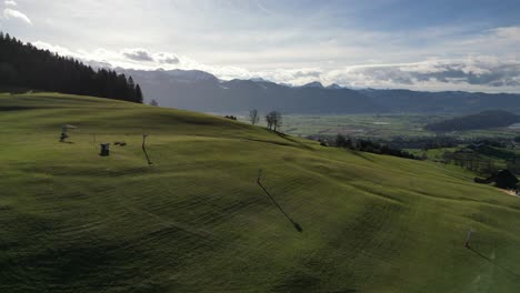 cinematic wide establishing drone shot of bare ski lift on hill in summer, switzerland