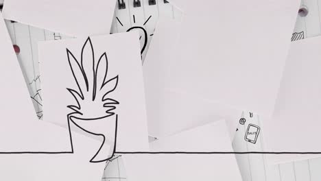 digital animation of plant pot sketch on white paper against white lined paper