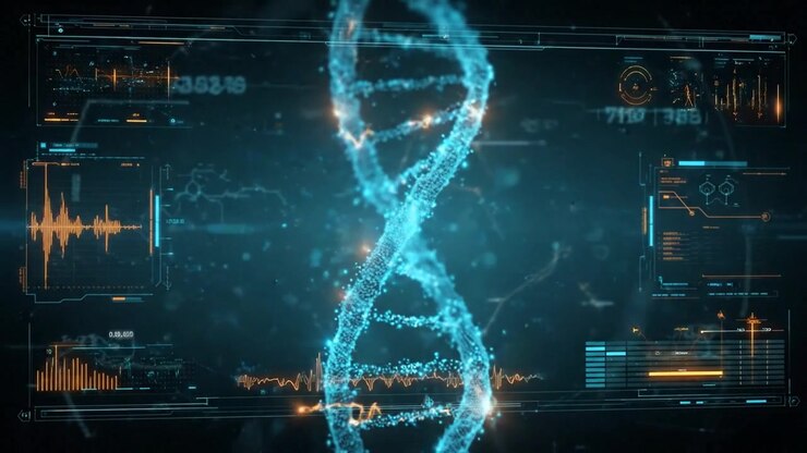 DNA Double Helix Displayed on a Dark Genomic Data Analysis Screen in Detailed Scientific Footage