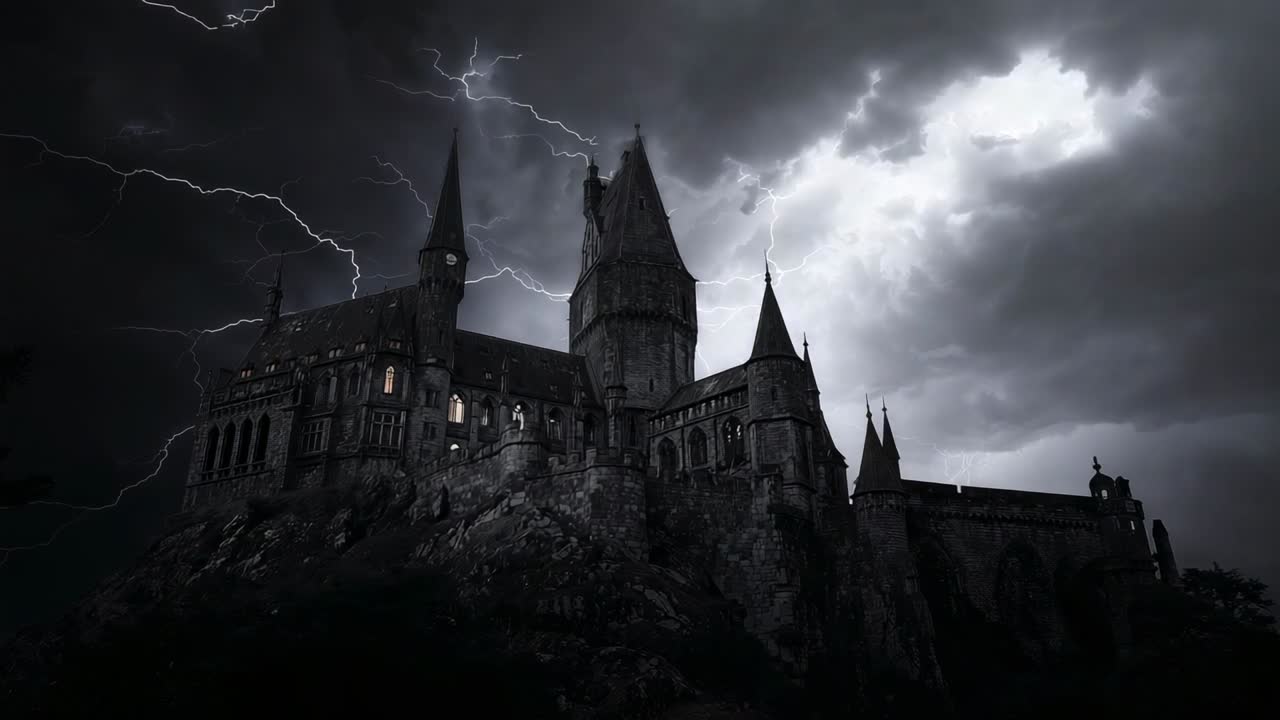 Lightning bolts splitting sky, medieval castle sitting on hill under storm clouds, revealing spires