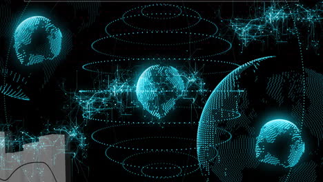 animation of globes and diagrams over black background