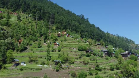 aerial view short of jibhi himachal pradesh in india. houses and trees in the mountainous area. faguli festival is one of the biggest festival in jibhi. the traditional houses here have stone roofs.