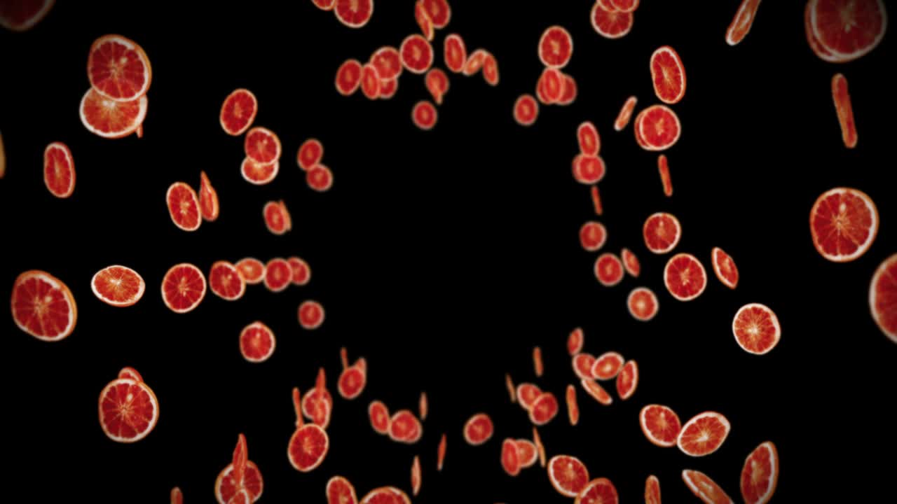 검은 바탕에 많은 건조 오렌지를 날아. 탈수 된 과일, 음식 개념. 3d 애니메이션 조각 된 과일 오렌지 회전. 루프 애니메이션.