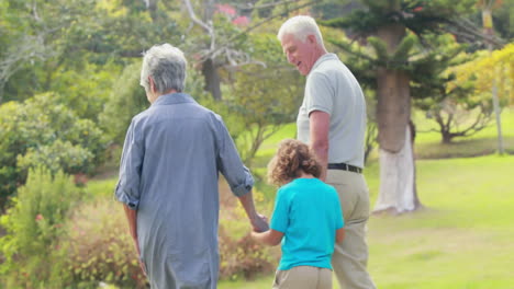 animation of black shapes over happy caucasian grandparents with grandson walking in park