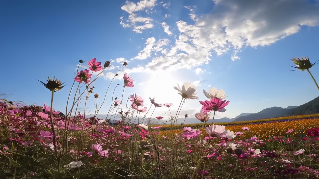 Video dal basso angolo di inquadratura di vivaci fiori di campo sotto un cielo limpido, che cattura una scena serena e naturale
