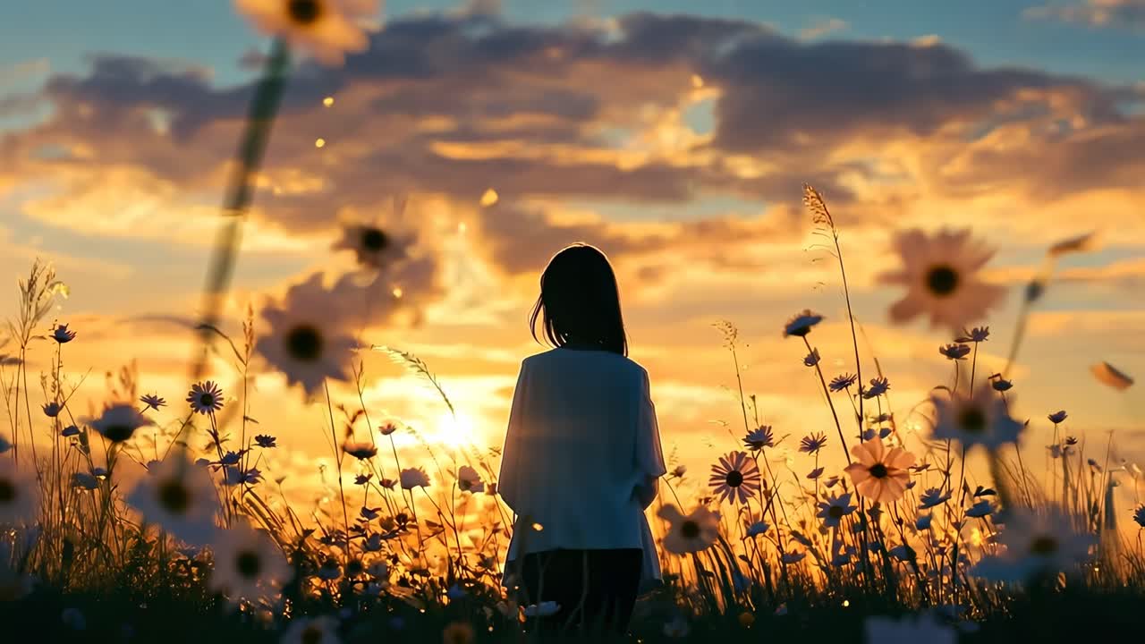Silhouette di una persona in un campo fiorito al tramonto, catturata da un angolo basso
