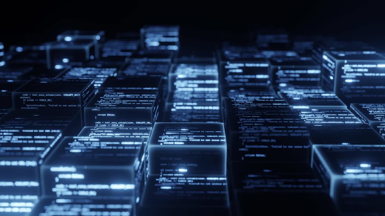 Big data cube with code inside cube, abstract technology background, waving animation