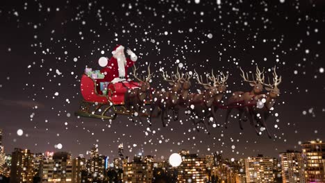 animation of snow falling over christmas santa claus in sleigh with reindeer