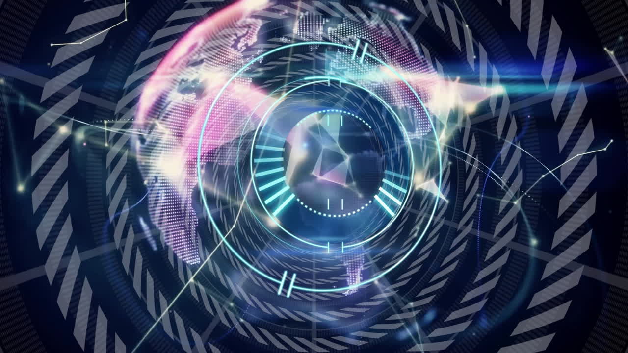 Digital clock animation with colorful geometric light patterns in futuristic design