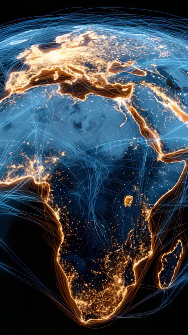 Una visualizzazione mozzafiato dell'Africa illuminata dalle connessioni di rete, che dimostra il flusso di informazioni e dati attraverso il continente