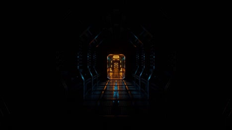 flying in a spaceship tunnel, a sci-fi shuttle corridor. futuristic abstract technology. technology and future concept. flashing light. 3d animation of seamless loop.
