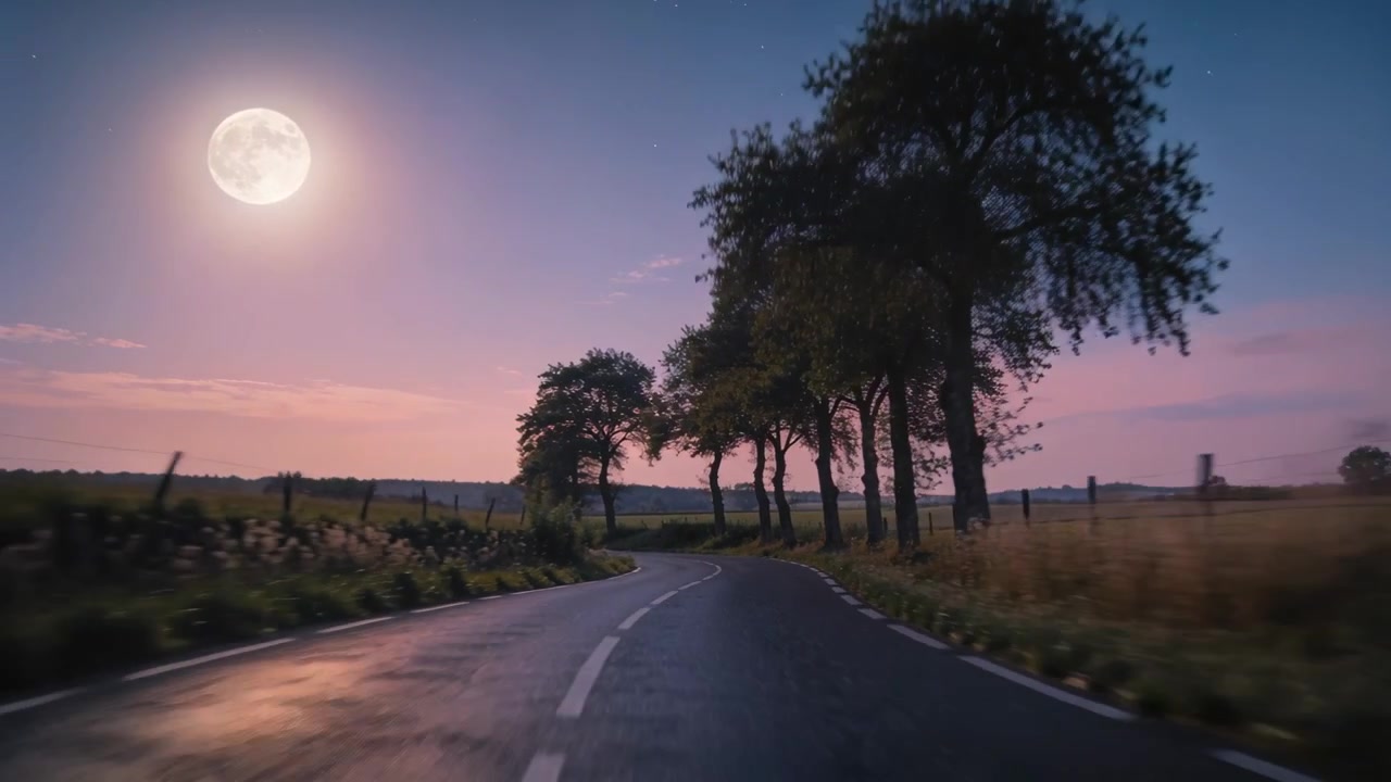 Veicolo che si avvicina a una curva, guidando su una strada di campagna al crepuscolo, con la luna piena che si riflette e alberi che sfilano.