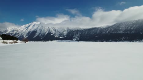 areal shoot of a frozen lake, surrounded by mountains on a beautiful sunny day