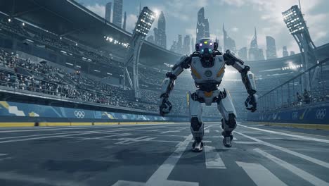 a futuristic robot stands poised at the starting line of a high-tech race, showcasing advanced design and engineering against a backdrop of a vibrant, modern cityscape