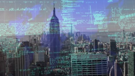 Animation-of-financial-data-processing-and-statistics-over-cityscape