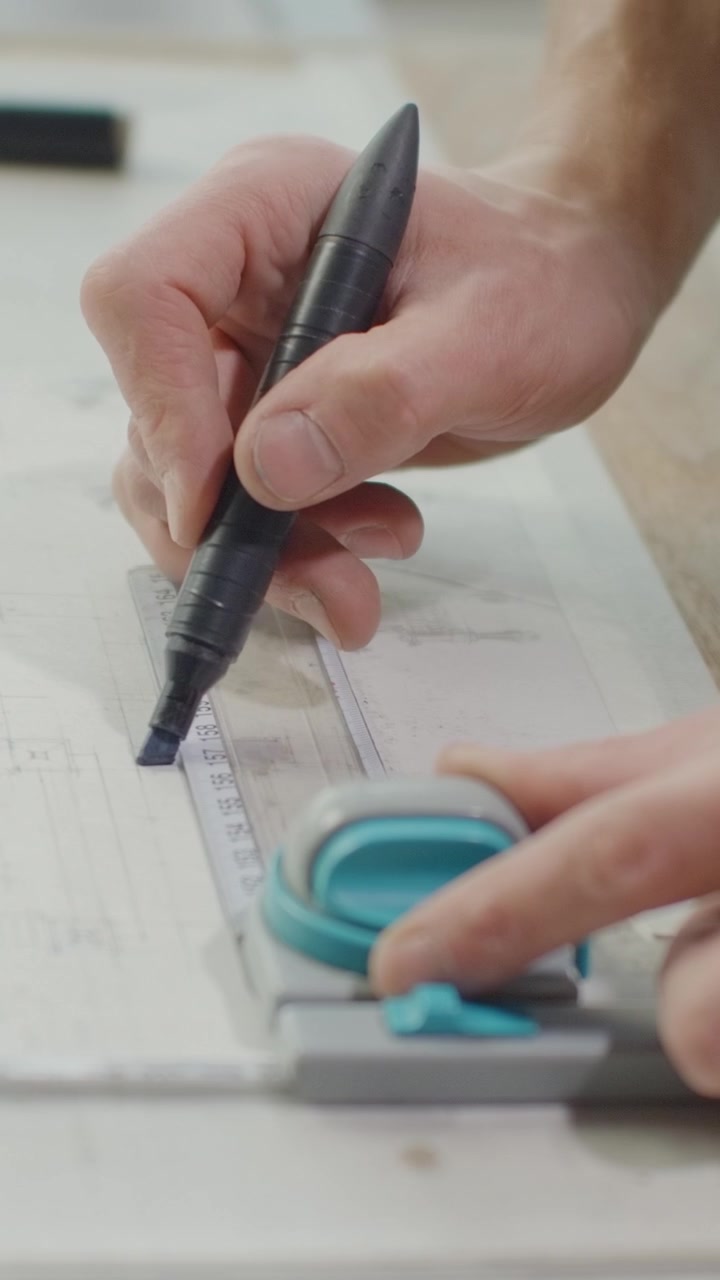 Architect Drawing Technical Blueprints with Drafting Tools