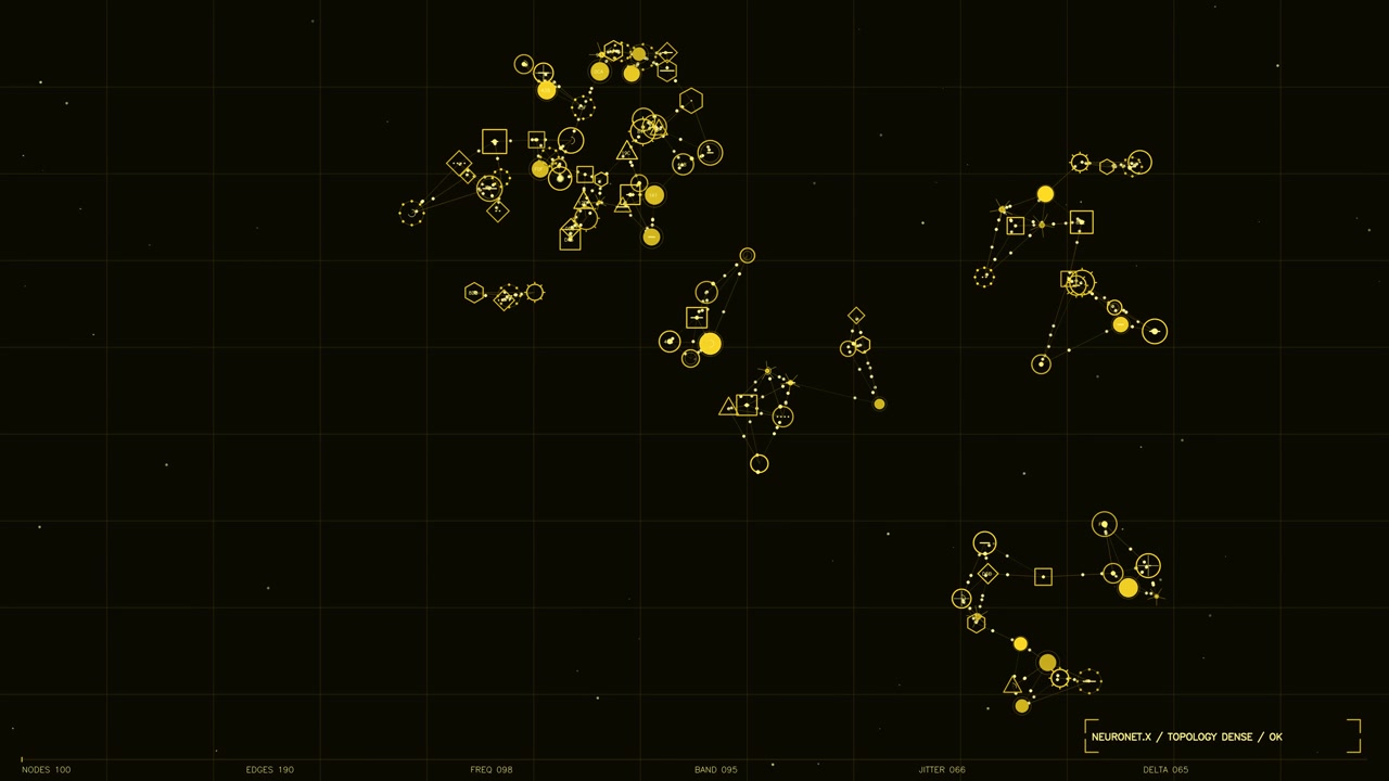 A minimalist dark screen displays a sophisticated data visualization system in vibrant yellow. The interface features clusters of geometric nodes connected by thin lines, representing a complex neural