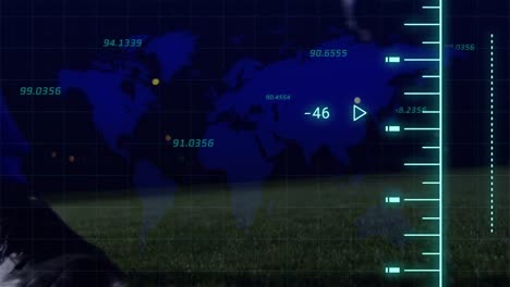 animation of world map and data processing over caucasian man playing football